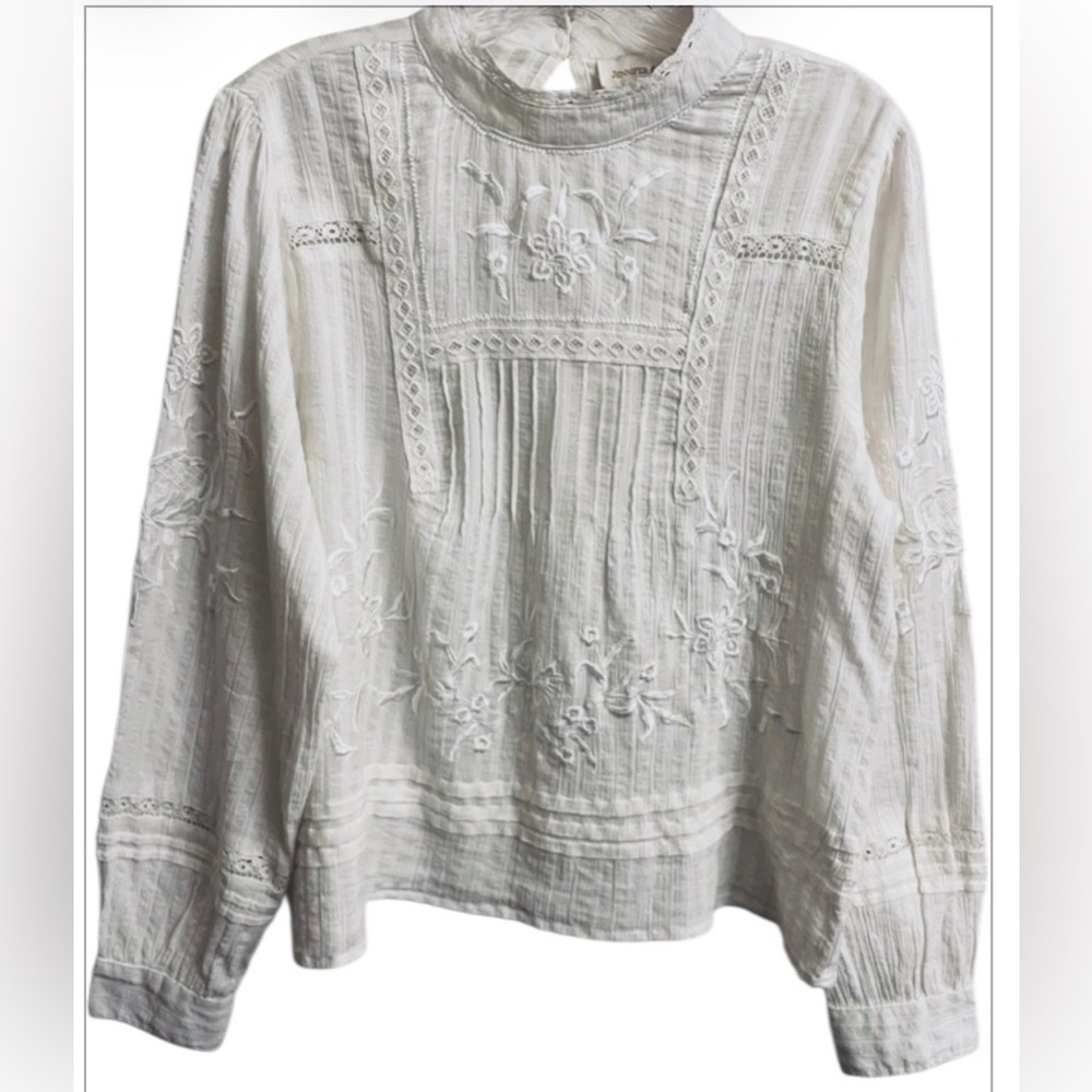 NWT Jennifer & Grace Embroidered Cotton long sleeve Ivory Lace Prairie Blouse S